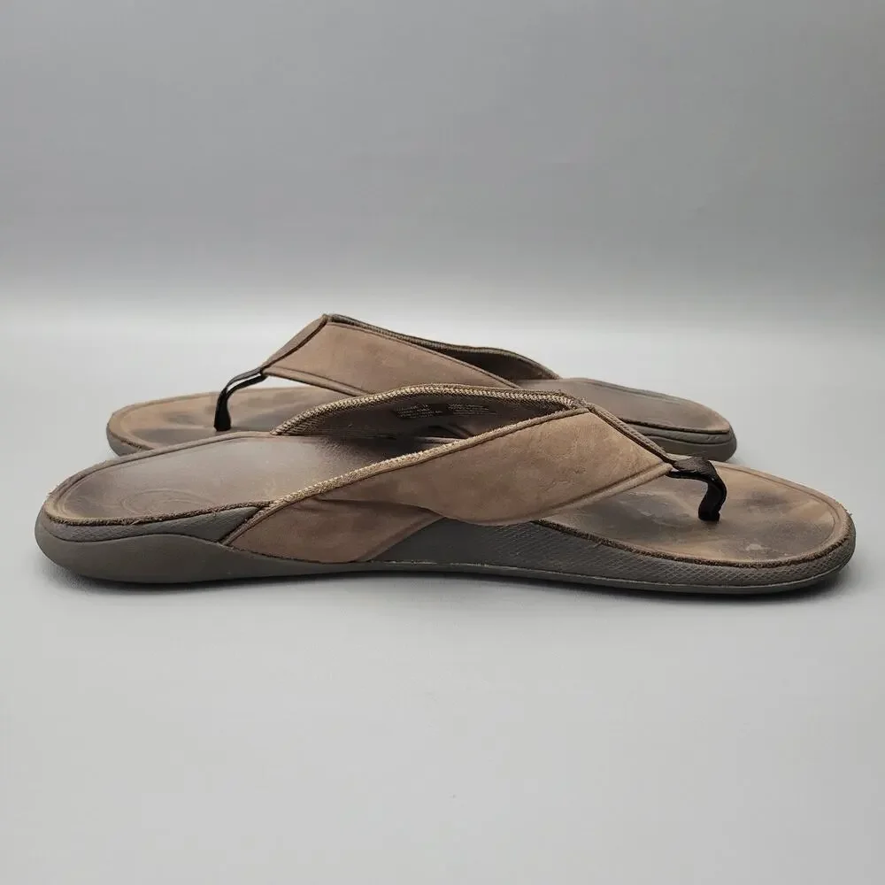 OluKai Tuahine Mens Leather Thongs Flip Flop Beach Vacation Sandals Shoes Sz 13